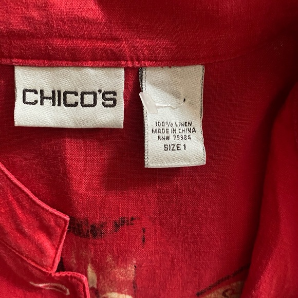 Chico’s 100% Linen Women’s Red Long Button Asian Style Top Size 1 - Picture 10 of 12